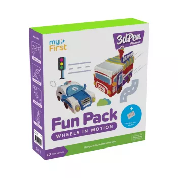 Pack de filaments Fun Pack Wheels in Motion pour myFirst 3dPen Make - kit créatif pour stylo 3D : 5 modèles, 17 recharges PCL (34 m), module voiture à rétraction, feuille thermoplastique