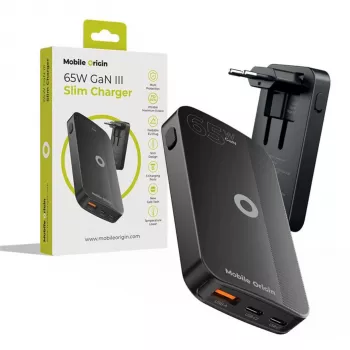 Mobile Origin 65W GaN Slim chargeur mural double USB-C simple USB-A Noir