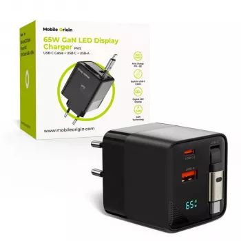 Chargeur GaN Mobile Origin 65W câble rétractable USB-C + USB-A 75 cm