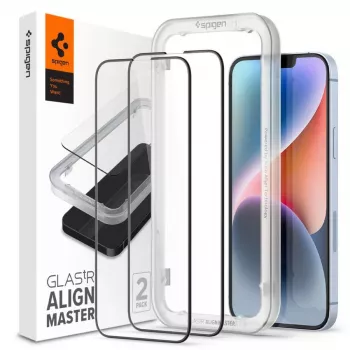 Protection d'écran en verre intégrale Spigen AlignMaster pour Apple iPhone 13/13 Pro/14/16E/17E noir (lot de 2)