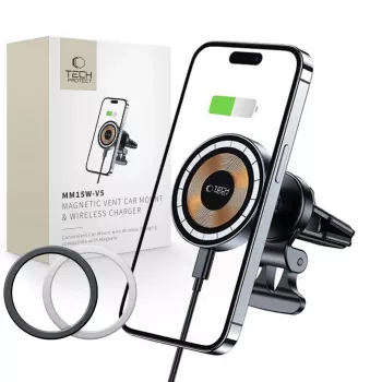 Support de voiture magnétique pour grille d'aération MagSafe avec chargeur sans fil 15 W TECH-PROTECT MM15W-V5 noir