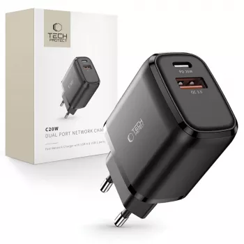 TECH-PROTECT C20W chargeur réseau 2 ports PD20W/QC3.0 noir