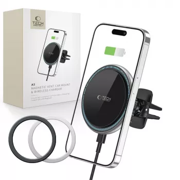 TECH-PROTECT A2 Magnetic MagSafe Chargeur sans fil pour voiture avec fixation sur grille d'aération 15W Noir