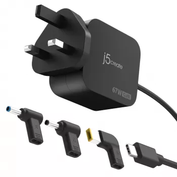 J5CREATE 67W GaN PD USB-C mini chargeur avec 3 types de connecteurs DC