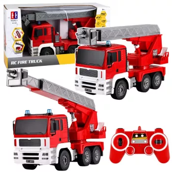 LEAN TOYS Camion de pompiers avec bras rotatif à 660°, télécommandé RC 1:20