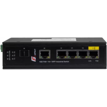 GETFORT GF-110-4PG-1G-1S commutateur PoE+ industriel, 4x PoE+ 10/100/1000Base-T + 1x 10/100/1000Base-T + 1x 1000Base-X SFP, -40°C à 80°C, rail DIN, budget PoE 65W