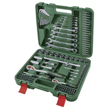 Ensemble d'outils DIY BOSCH POWERTOOLS de 134 pièces dans une caisse verte avec outils à main, embouts, matériel de fixation et accessoires