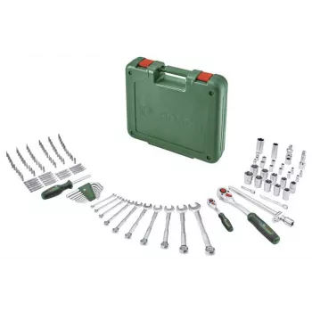 Ensemble d'outils DIY BOSCH POWERTOOLS de 134 pièces dans une caisse verte avec outils à main, embouts, matériel de fixation et accessoires