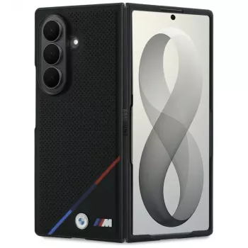 Coque MagSafe BMW M cuir perforé bande tricolore et logos métal pour Samsung Galaxy Z Fold8 Ultra – noir
