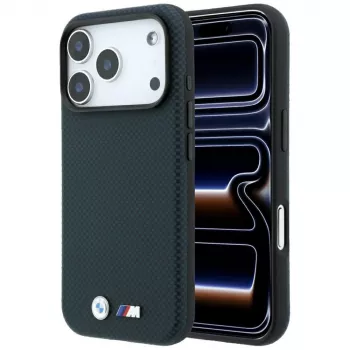 Coque MagSafe BMW M Quadrille Kevlar Metal Logo pour iPhone 18 Pro / 17 Pro - bleu marine