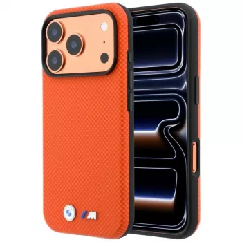 Coque MagSafe Quadrille Kevlar BMW M pour iPhone 17 Pro Max / 18 Pro Max – orange avec logo métal