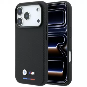 Coque MagSafe BMW M Quadrille Kevlar Tricolor & Metal Logo pour iPhone 18 Pro / 17 Pro - Noir