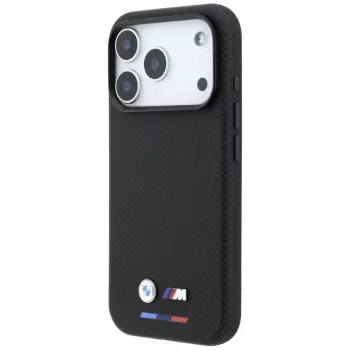 Coque MagSafe BMW M Quadrille Kevlar Tricolor & Metal Logo pour iPhone 18 Pro / 17 Pro - Noir