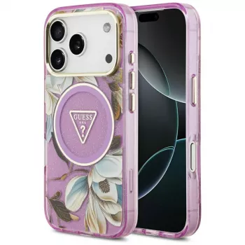 GUESS IML Glitter Flowers Triangle MagSafe Case for iPhone 18 Pro / 17 Pro - Purple
