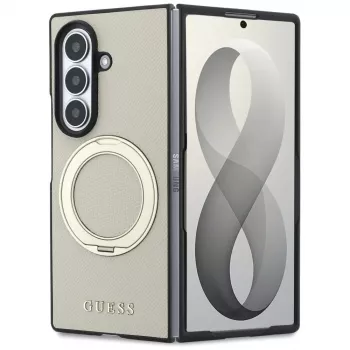 Guess Magnetic Ring Stand Grained Classic Logo MagSafe Case for Samsung Galaxy Z Fold 8 Ultra (Beige)
