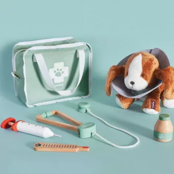 Kit vétérinaire Janod - ensemble de jeu de rôle de 10 pièces avec instruments en bois et sac de transport en tissu