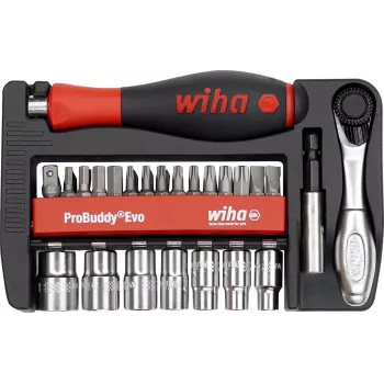 Ensemble de 40 embouts et douilles WIHA 46960 Evo, entraînement 1/4 inch, acier chrome-vanadium, avec cliquet 72 dents, douilles 5,5-13 mm, embouts : fente, Phillips, Pozidriv, Torx, hexagonaux, dans un coffret robuste