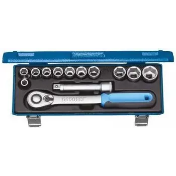 Jeu de douilles métriques GEDORE 1/2 inch 13 pièces, 6 pans, 10-32 mm, avec cliquet, rallonges et cardan, dans coffret en acier