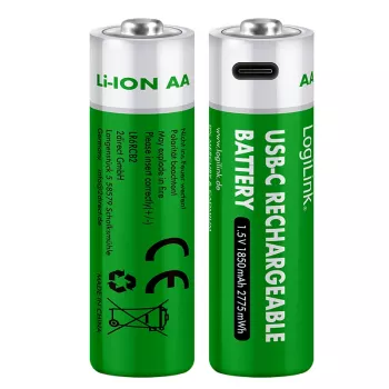 LogiLink LR6RCB2 piles AA lithium-ion rechargeables USB-C, pack de 2, sortie constante 1,5 V, 2600 mWh