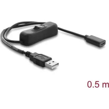 Câble d'alimentation USB Delock Type-A mâle vers USB Type-C femelle avec interrupteur, 0,5 m