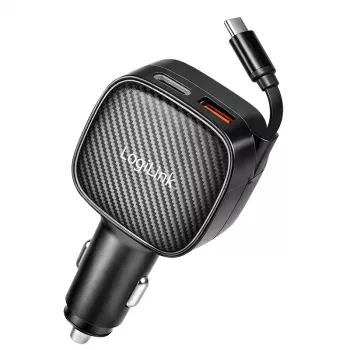 Chargeur de voiture USB LogiLink PA0295, 3 ports, avec câble USB-C rétractable, 60 W, PD, QC, noir