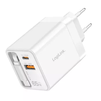 Chargeur USB-A/C LogiLink 65 W GaN 3 ports blanc avec câble USB-C