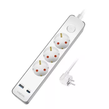 Multiprise LogiLink LPS287U avec 3 prises de sécurité, USB-A et USB-C PD 20W, interrupteur à bascule, câble 1,5 m, blanc