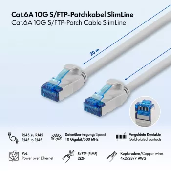 Câble patch Ethernet slim LogiLink Cat.6A S/FTP LSZH, gris, 20 m
