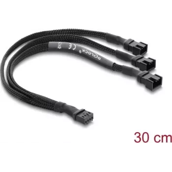 Câble répartiteur de ventilateur Delock 1 x 4 broches PWM femelle vers 2 x 4 broches PWM mâle (3 broches câblées sur le second) gaine tressée 30 cm noir