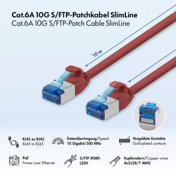 Câble patch LogiLink Cat.6A Slim S/FTP LSZH, rouge, 10 m