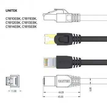 Câble réseau UNITEK Cat.7 S/FTP 2,0 m, 10 Gbit/s, 600 MHz, connecteurs RJ45 plaqués or, noir