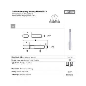 TAP M24 NGMM/1 DIN-352D (6H) HSS Taraud manuel métrique pas gros, M24 x 3 mm, 4 goujures, à droite, finition brute