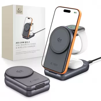 Chargeur sans fil magnétique MagSafe 3-en-1 TECH-PROTECT A53 25W Qi2.2 gris foncé