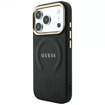 Coque MagSafe Guess Saffiano Peony & Ring pour iPhone 18 Pro Max / 17 Pro Max - Noir