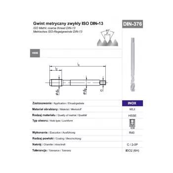Taraud machine M12 DIN 376 C 6H HSSE-Co5 pour acier inoxydable, goujure hélicoïdale 40°