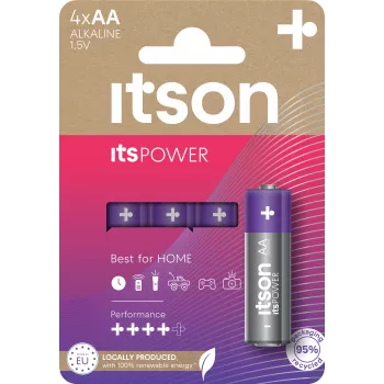 ITSON LR6IPO/4CP Alkaline AA Batteries, 4-Pack, 1.5V, Long Shelf Life, Leakage Protection