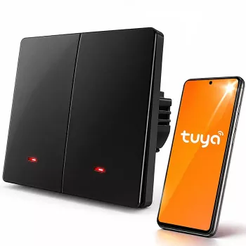 Qoltec 52708 Interrupteur lumineux Wi-Fi intelligent 2 canaux avec minuterie, Tuya Smart Life, noir
