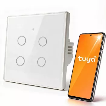Qoltec 52718 Smart Touch 4-Channel Wi-Fi Light Switch with Timer, Tuya/Smart Life, Tempered Glass, White