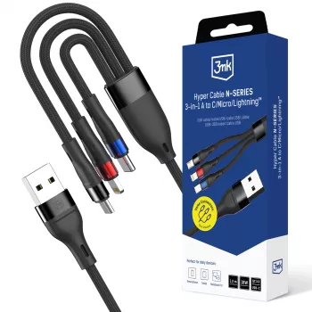 Câble Hyper N-SERIES 3mk 3 en 1 USB-A vers USB-C/Lightning/MicroUSB 1,2 m 9 V/2 A 18 W noir