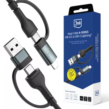 Câble Hyper N-SERIES 3mk USB-A/USB-C vers USB-C/Lightning 1,2 m 9 V/2 A 60 W noir