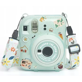 LOVEINSTANT Étui de protection pour Fujifilm Instax Mini 12 avec autocollants et poche photo - Vert pailleté