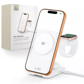 TECH-PROTECT A56 chargeur sans fil MagSafe magnétique 3-en-1 25W Qi2.2 blanc