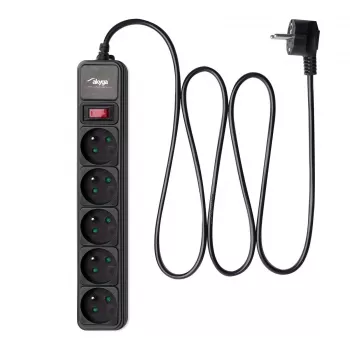 Multiprise parafoudre Akyga AK-SP-05A, 5 x prises CEE 7/5 (type E), interrupteur, 1,8 m, noire