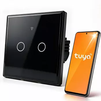 Qoltec 52712 Interrupteur d'éclairage Wi-Fi intelligent tactile 2 canaux, verre trempé, noir