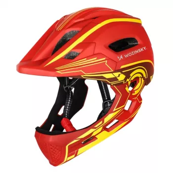 Casque de vélo enfant intégral Wozinsky avec feu arrière USB, rouge-jaune, 52-56 cm