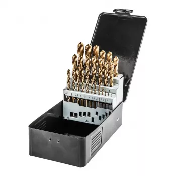 Ensemble de 25 forets hélicoïdaux HSS-TiN NEO TOOLS pour métal, 1,0–13,0 mm, DIN 338, pointe à centrer 135°, coffret métallique