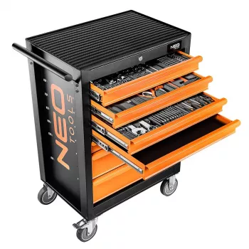 Armoire d'atelier NEO TOOLS 84-222-9 avec 7 tiroirs et ensemble d'outils de 129 pièces, rouge/noir, glissières à billes, verrouillage central, capacité 400 kg