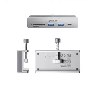 Hub USB-C à pince ORICO MH5PC avec 2x USB-A, 1x USB-C, lecteur de cartes SD/TF - argent