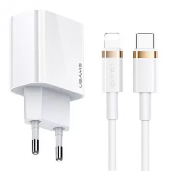 Kit chargeur mural USAMS T34 20 W USB-C PD avec câble USB-C vers Lightning U63 - blanc