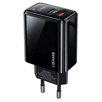 Chargeur mural USAMS 20W double port USB-C PD3.0 + USB-A QC3.0 (prise EU, noir)